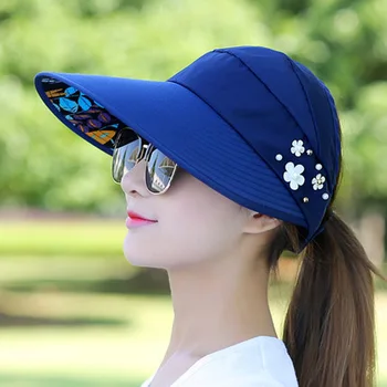 Летние головные уборы для женщин, Складная Солнцезащитная шляпа с жемчужным цветочным козырьком, Солнцезащитная кепка, Женская Уличная повседневная бейсболка, шляпа для женщин Изображение