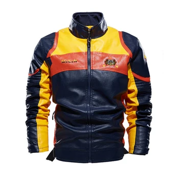Новая Красивая мужская кожаная куртка, Модная мотоциклетная куртка с вышивкой, Мужское пальто из искусственной кожи на молнии Jaqueta De Couro Masculina Изображение