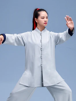 Льняная смесь Кунг-фу Тайцзи Одежда Одежда для боевых искусств Тайцзицюань Ушу Униформа Китайский стиль 2022 Новый Стиль Светло-серый Изображение