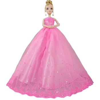 Элегантное ярко-розовое Свадебное платье Принцессы с блестками для Барби Аксессуары 1/6 BJD Кукольная одежда Вечернее платье Одежда Vestido Игрушки для девочек Изображение