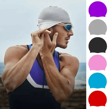 Силиконовые Плавательные шапочки Для мужчин И женщин, Водонепроницаемая шапочка для бассейна, защищающая уши, Большая шляпа для дайвинга, Аксессуары для водных видов спорта Изображение