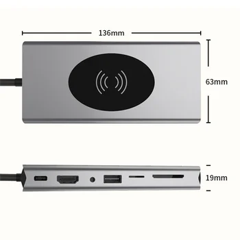 док-станция 15 в 1, USB-концентратор Type C, совместимый с HDMI, Беспроводная зарядка, адаптер USB 3.0, док-станция-концентратор Type C Изображение