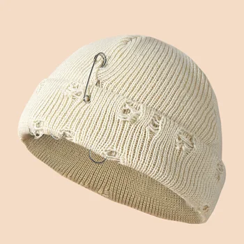 Модная Мужская Женская Осенне-зимняя кепка Broken Holes Ground Gangster, однотонная вязаная кепка, уличная шерстяная кепка, теплая модельная шапка Изображение