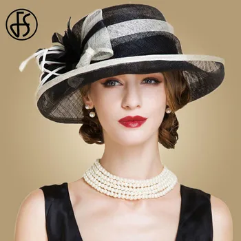 FS Черно-белые женские церковные шляпы, Женская элегантная шляпа Sinamay Fascinators, Свадебная льняная фетровая шляпа с широкими полями, цветочная шляпа-дерби в стиле Кентукки Изображение