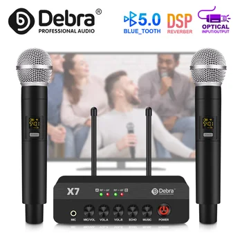 Портативная Беспроводная Микрофонная система Debra X7 С Двойным Ручным микрофоном 5.0 Bluetooth DSP с Реверберацией для Вечеринок в стиле Рок и Церкви Изображение