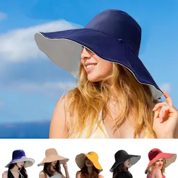 Женская Складная Женская солнцезащитная шляпа с широкими полями Для прогулок, рыбалки, пляжного отдыха, аксессуары для путешествий Изображение