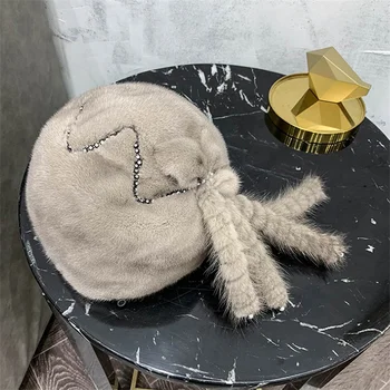 Женская меховая шапка в зимнем стиле из меха норки, Роскошная теплая шапка-пучок, Элегантная декоративная меховая шапка с бахромой для улицы, ветрозащитная меховая шапка Изображение