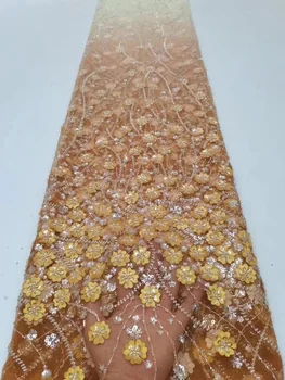 2023 Высококачественная Кружевная Ткань ручной работы из бисера с Золотой Вышивкой, Французское Кружевное Свадебное Платье С Вышивкой Из Тюля цвета Морской Волны, Швейная Ткань PL398-7 Изображение