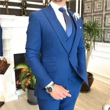 Драгоценный синий мужской деловой костюм, приталенный фрак жениха, торжественное платье для свадебных танцев (пиджак + брюки + жилет) Изображение