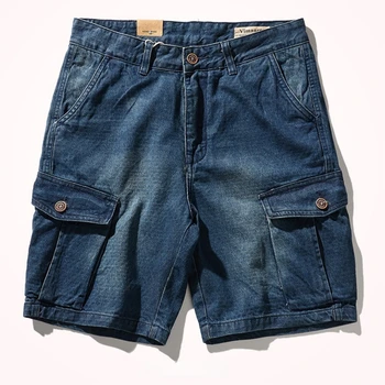 Летние повседневные брюки в стиле ретро для старых инструментов, джинсовые шорты, мужские свободные универсальные брюки с пятью точками Изображение