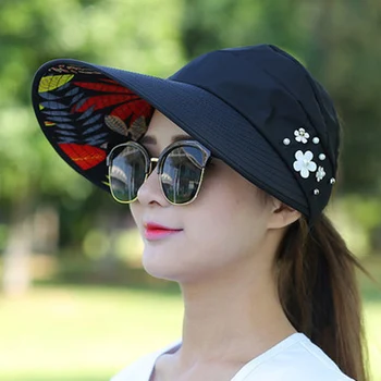 Летняя шляпа с защитой от ультрафиолета, Черная Женская Солнцезащитная шляпа с широкими полями из хвоща для отдыха, Спортивная шляпа для кемпинга, Рыболовная шляпа Изображение