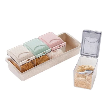 Коробка для приправ из пшеничной соломы с 4 Сетками, Кухонный Графинчик, Банка для хранения приправ Изображение