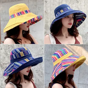 Женская солнцезащитная шляпа, Осенняя солнцезащитная кепка, Складная национальная пляжная шляпа в стиле Ретро с широкими полями Изображение
