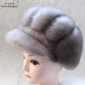 Linhaoshengyue Модная зимняя женская шапка из натурального меха водяной норки Бесплатная доставка Изображение