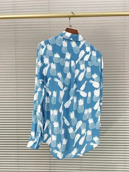 Женская блузка из 100% шелка с принтом ананаса, отложной воротник, Однобортная Женская синяя мягкая рубашка с длинным рукавом и топы Изображение