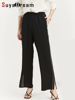 Женские брюки SuyaDream OL из 100% шелкового крепдешина с эластичной талией, однотонные прямые брюки 2022, Весна-лето, черные шикарные брюки Изображение