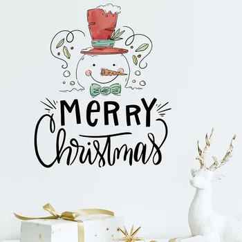 Веселого Рождества, Снежный человек в красной шляпе, наклейки на стену, Дверные наклейки, Гостиная, Спальня, Оконное стекло, Фестивальные наклейки, ПВХ Изображение