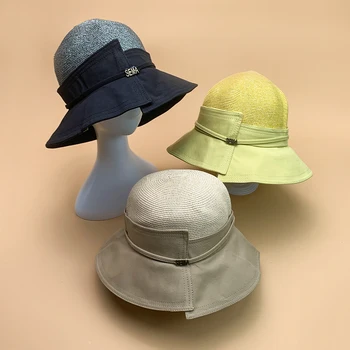 Новые летние модные Вязаные женские Шляпы с буквами, Хлопковые, легко сочетающиеся, Мягкие Пляжные Дышащие Женские Рыбацкие Шапки Панама Изображение