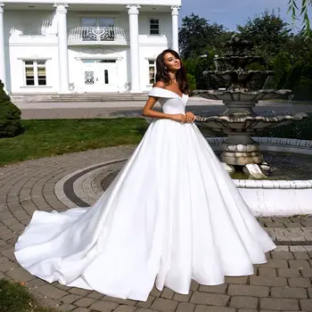 Vestido De Novia, Белое элегантное атласное свадебное платье Трапециевидной формы, Сексуальное свадебное платье с V-образным вырезом и открытыми плечами, Простое платье невесты Изображение