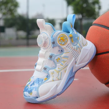 Детская обувь Баскетбольная обувь с вращающимися кнопками для детей, нескользящая спортивная обувь на толстой подошве, кроссовки для мальчиков, кроссовки для детских корзин Изображение