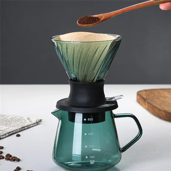 600 МЛ погружной капельницы с переключателем стекла V60 Налейте в кофеварку V-образную капельницу для кофе и фильтры зеленого цвета Изображение