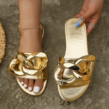 2023 Женские Тапочки на плоской подошве с металлической цепочкой, Однотонная Повседневная Легкая Нескользящая Обувь, Пляжные Сандалии Zapatillas De Mujeres Изображение