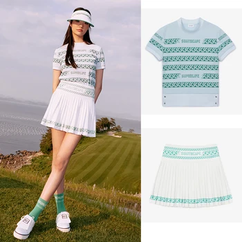 Корейская одежда для гольфа, женский летний эластичный топ с круглым вырезом и принтом, футболка с коротким рукавом и плиссированная короткая юбка Изображение