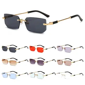 Новые модные прямоугольные солнцезащитные очки без оправы, Модные бескаркасные прямоугольные Солнцезащитные очки Ретро-оттенков, Летние очки для путешествий UV400 Изображение