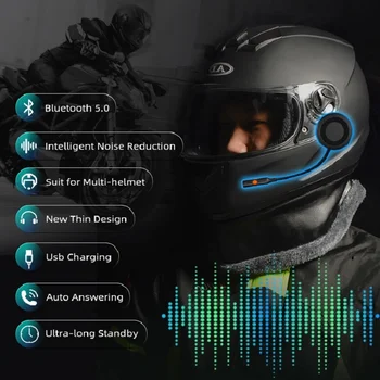 Bluetooth Мотоциклетный 5,0 Шлем, домофон, беспроводной набор для громкой связи, стерео музыкальный плеер с защитой от помех Изображение