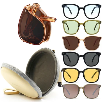 Модные Складные Солнцезащитные очки, Женские Солнцезащитные очки с защитой от ультрафиолета, Мужские поляризованные очки, Винтажные очки с переносным футляром для очков Изображение