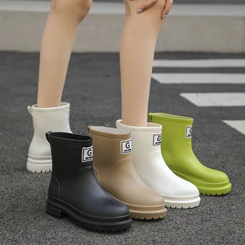 Женские непромокаемые ботинки Gopher, новинка 2023 года, водонепроницаемые ботинки, нескользящие Короткие непромокаемые ботинки, модная резиновая обувь на толстой подошве, нескользящая Изображение