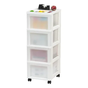 IRIS USA, Пластиковая Тележка для хранения с 4 выдвижными ящиками, с органайзером сверху и колесиками, Для взрослых, Белый / Жемчужный Изображение