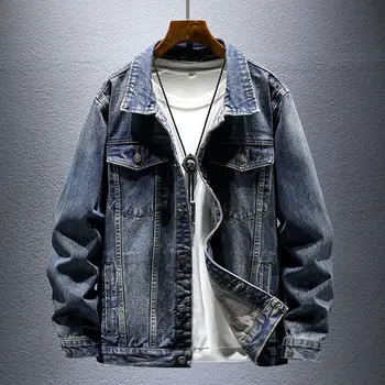 Винтажная джинсовая куртка для мужчин осень-зима 2023, новая негабаритная свободная застиранная старая джинсовая куртка для мужской верхней одежды Изображение