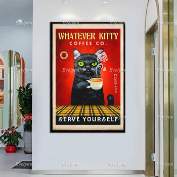 Плакат Black Cat Whatever Kitty Coffee Co. Обслужи себя сам, Холст с забавным котом, Принты с милыми кошками, Настенное искусство для домашнего декора с черными кошками Изображение