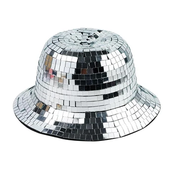 Блестящая зеркальная кепка-ведро с блестками для дискотеки, вечеринки, танцевального бара, шляпа для выступлений, Серебряная блестящая зеркальная шляпа Рыбака, реквизит для фотосессии Изображение