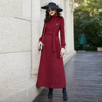 Длинное шерстяное пальто в стиле Хепберн, женское, длиной выше колена до щиколотки, Новое осенне-зимнее шерстяное пальто с поясом Изображение