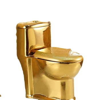 Золотой унитаз европейского стиля для домашнего использования, водосберегающий керамический цветной унитаз сифонного типа с защитой от запаха для небольшого домашнего использования Изображение