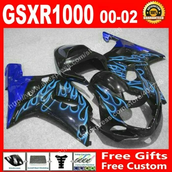 Литые под давлением обтекатели для SUZUKI GSXR1000 2000-2002 GSXR 1000 высокого качества черного цвета с синим пламенем комплект 7 подарков WSD53 Изображение