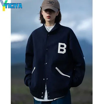 YICIYA университетская куртка бомбер женская негабаритная Шерстяная ткань с капюшоном, бейсбольные куртки, Ветровка, новые пальто, зимняя уличная куртка Изображение