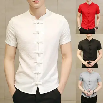 Мужские летние Рубашки Традиционный китайский костюм Тан Мужчины Плюс Размер Летняя Форма кунг-фу с коротким рукавом Мужская одежда 2021 Изображение