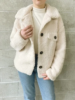 Женское осенне-зимнее модное теплое кашемировое пальто с длинным рукавом и пуговицами на лацканах, однотонный уличный повседневный короткий кардиган Изображение