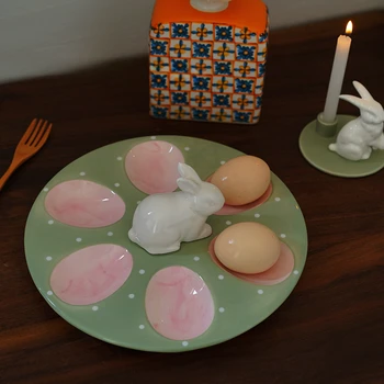 Экспорт из Франции В Европу Керамический лоток для яиц в форме кролика Ручной росписи с шестью Решетками, Милый Лоток для яиц на кухне для завтрака Изображение