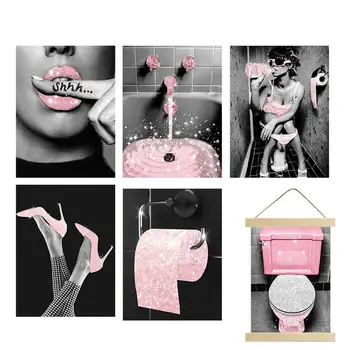 Женский розовый модный настенный плакат 6 шт. Женские розовые и серые картины на холсте без рамы, плакаты, Фотографии, настенные рисунки в ванной Изображение