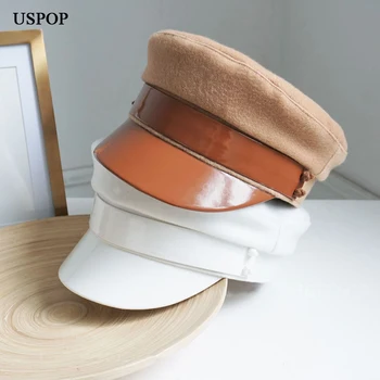 USPOP Новые шерстяные лоскутные кепки для газетчиков, женские кепки с плоским козырьком, военные кепки S, M, L Изображение