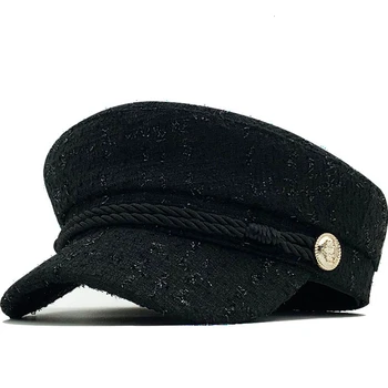 Горячая шерстяная шапка кепка для женщин повседневная уличная одежда веревочная плоская кепка элегантная однотонная осенне-зимняя теплая металлическая цепочка берет шляпа женская Изображение