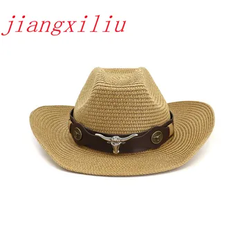 Летняя приморская пляжная шляпа, солнцезащитная шляпа, новая мужская и женская соломенная шляпа, ковбойская шляпа, западная ковбойская джазовая соломенная шляпа, крутая шляпа Изображение
