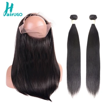Пучки прямых человеческих волос HairUGo с застежкой, бразильские пучки волос с 360 кружевным фронтальным переплетением волос без Реми Изображение