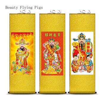 45x100 см Винтажная Ностальгическая Шелковая ткань с изображением Бога богатства, Фэн-Шуй, Предлагающая декор комнаты в стиле буддизма в свитке Изображение