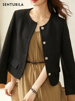 Sentubila Короткий Черный Твидовый Пиджак для Женщин 2023, Осень-Зима, Однобортный Модный Жакет в Корейском стиле, Пальто 123W42756 Изображение