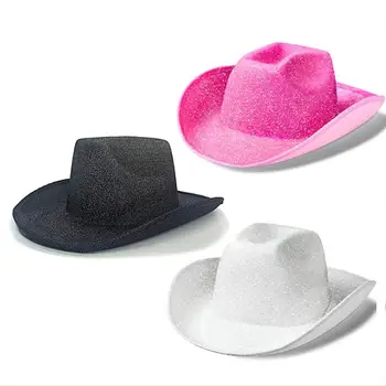 Ковбойская шляпа с блестками, модная ковбойская шляпа в стиле ретро-вестерн с широкими полями, липкая шляпа с закругленными полями, реквизит для Девичника, аксессуары для одежды Изображение